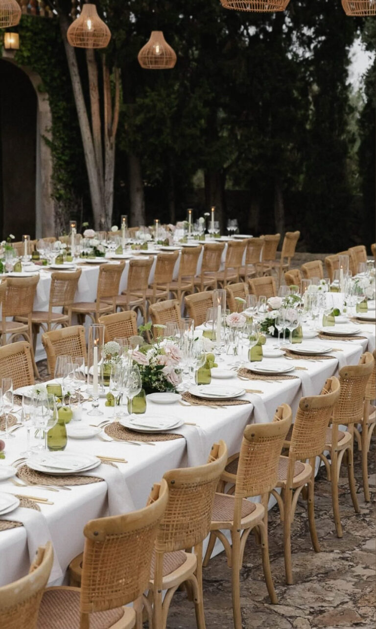 Arreglos florales de flor natural sobre mesa preparada para boda